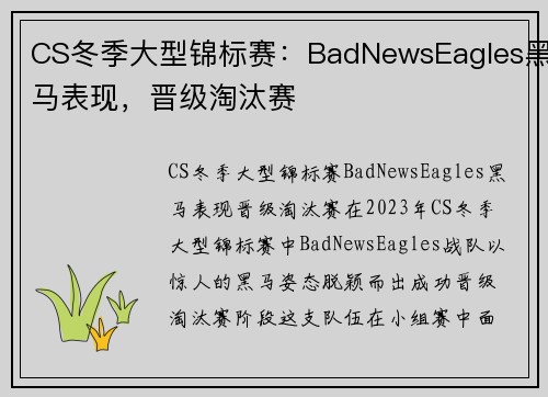 CS冬季大型锦标赛：BadNewsEagles黑马表现，晋级淘汰赛