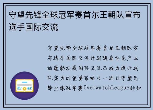守望先锋全球冠军赛首尔王朝队宣布选手国际交流